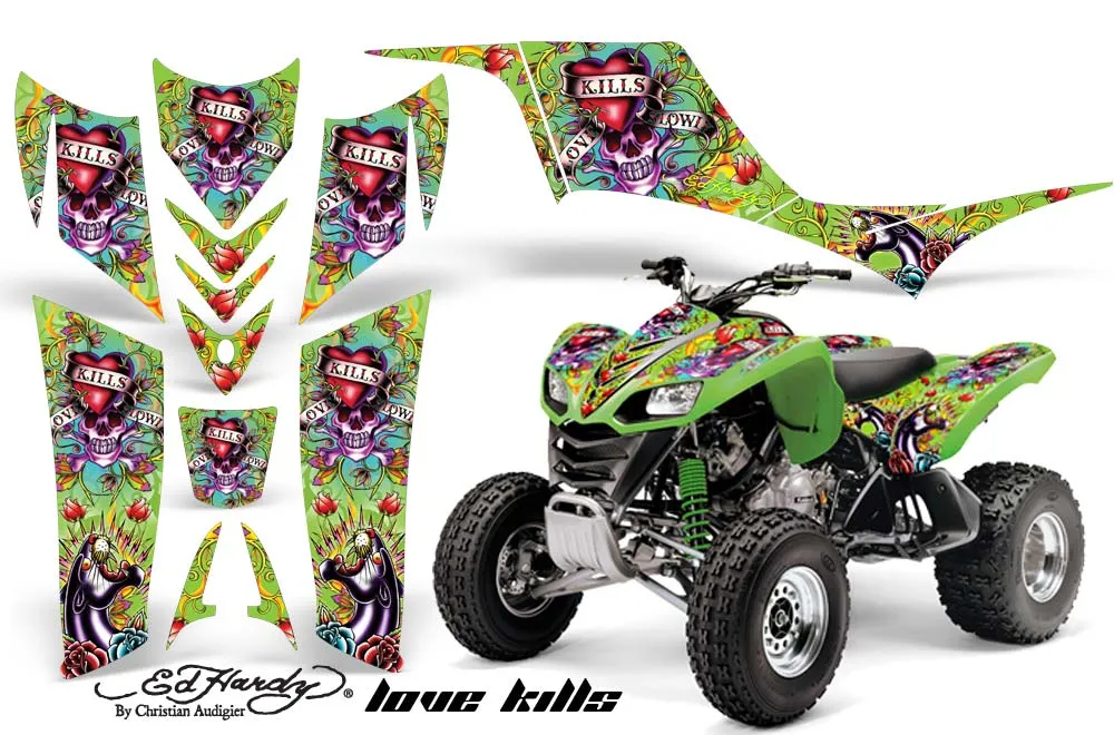 Kawasaki KFX 700 ATV Graphic Kit - 2004-2009 Ed Hardy - Love Kills Green