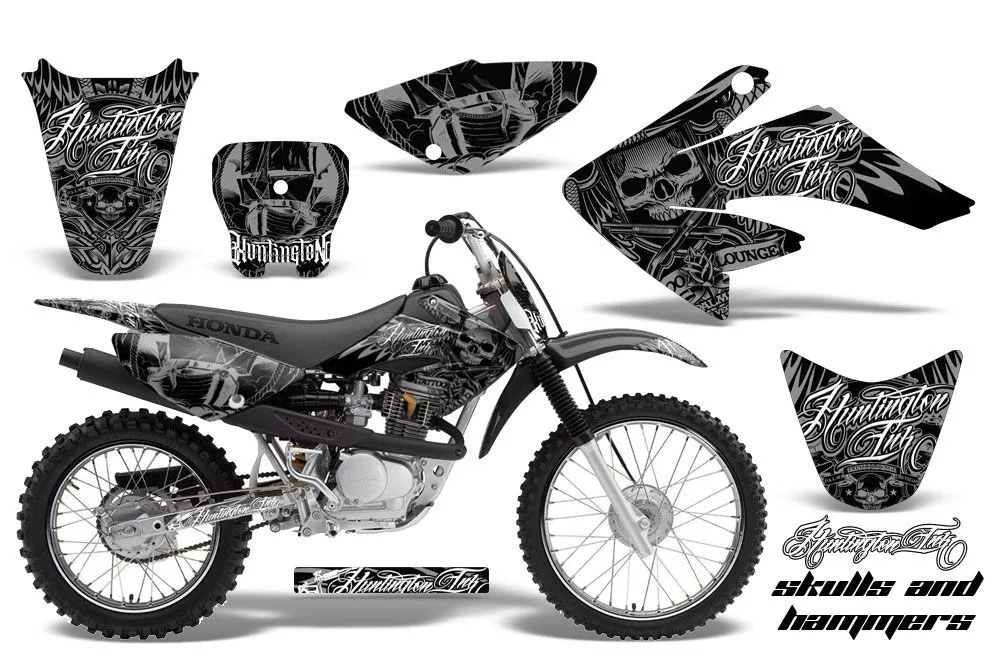 Honda CRF100 Dirt Bike Graphic Kit - 2004-2010 Skulls and Hammers Silver