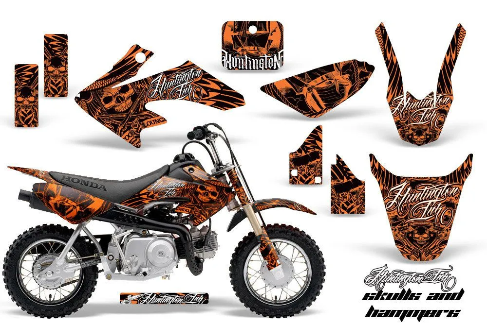 Honda CRF50 Dirt Bike Graphic Kit - 2004-2024 Skulls and Hammers Orange