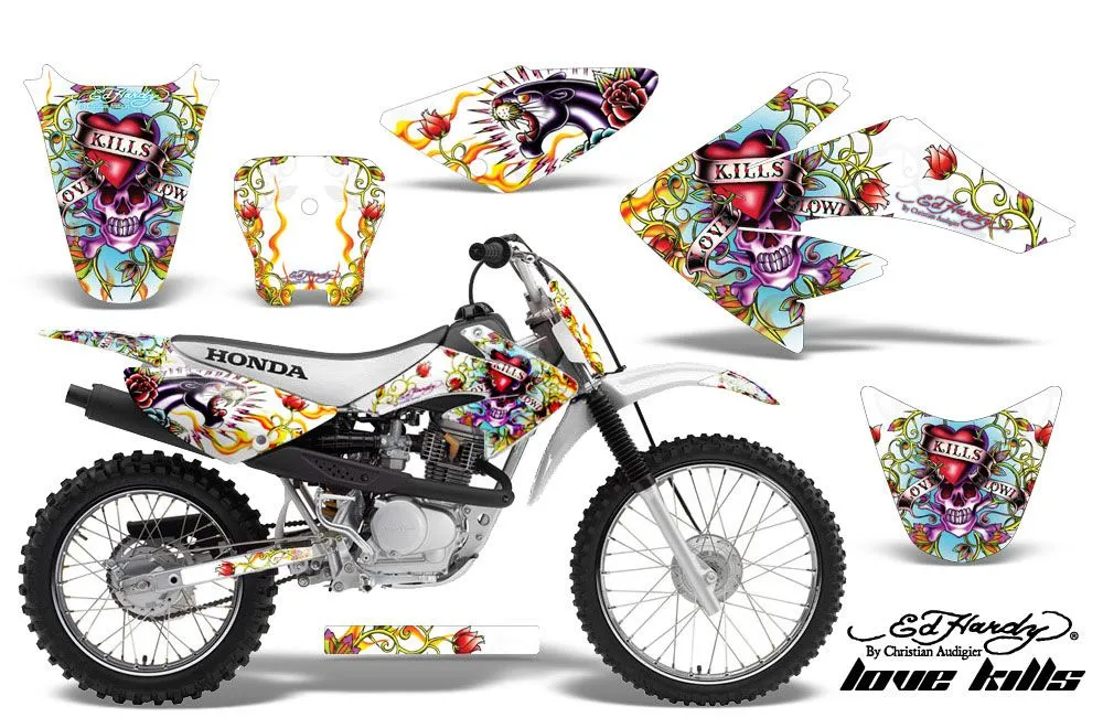 Honda CRF80 Dirt Bike Graphic Kit - 2004-2010 Ed Hardy - Love Kills White