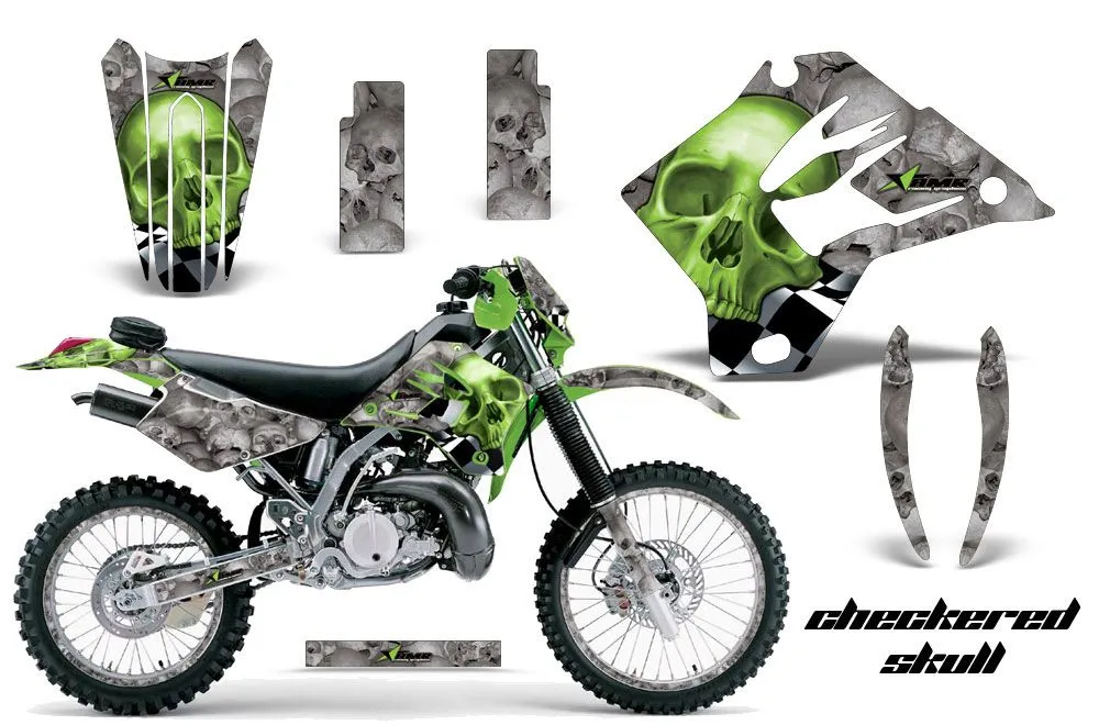 Kawasaki KDX200 Dirt Bike Graphic Kit - 1995-2006 Checkered Skull Green