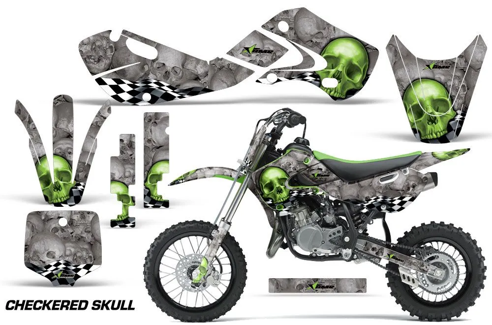 Kawasaki KLX110 Dirt Bike Graphic Kit - 2002-2009 Checkered Skull Green