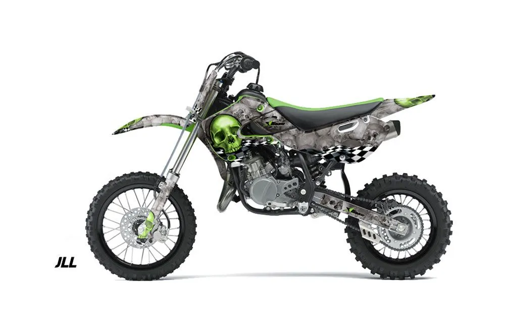 Kawasaki KLX110 Dirt Bike Graphic Kit - 2002-2009 Checkered Skull Green