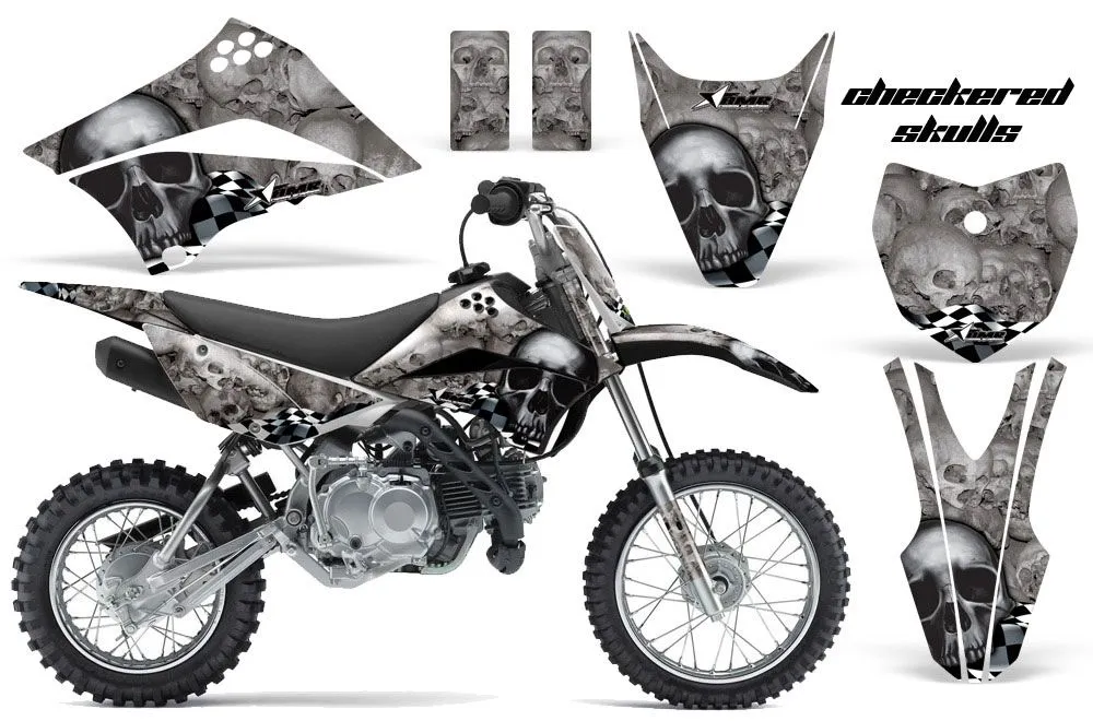 Kawasaki KLX110L Dirt Bike Graphic Kit - 2010-2025 Checkered Skulls Black