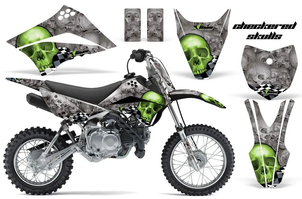 Kawasaki KLX110L Dirt Bike Graphic Kit - 2010-2025 Checkered Skulls Green