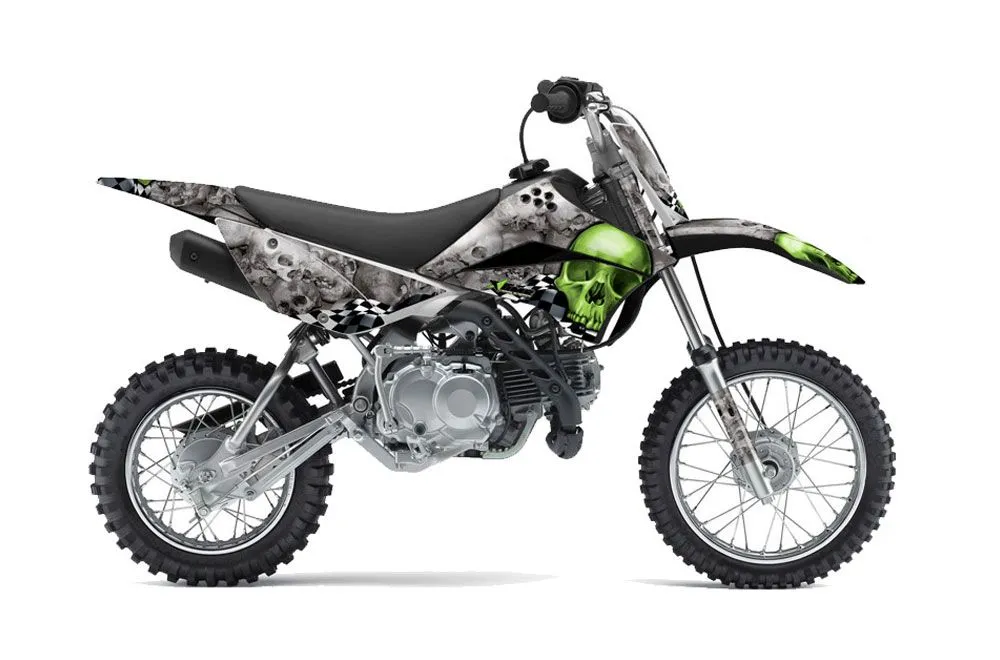 Kawasaki KLX110L Dirt Bike Graphic Kit - 2010-2025 Checkered Skulls Green