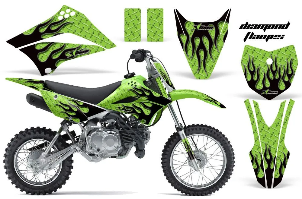Kawasaki KLX110L Dirt Bike Graphic Kit - 2010-2025 Diamond Flames Black