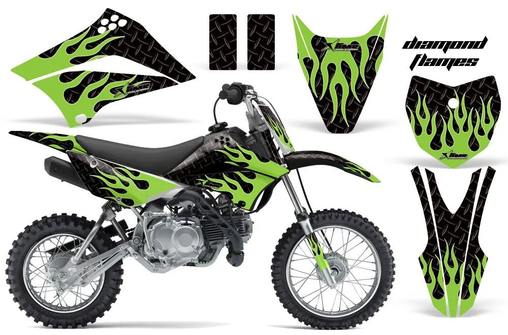 Kawasaki KLX110L Dirt Bike Graphic Kit - 2010-2025 Diamond Flames Green