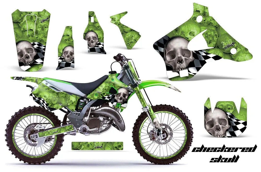 Kawasaki KX125 Dirt Bike Graphic Kit - 1994-1998 Checkered Skull Green