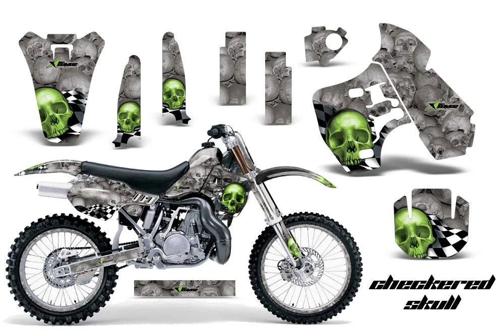 Kawasaki KX500 Dirt Bike Graphic Kit - 1988-2004 Checkered Skull Green