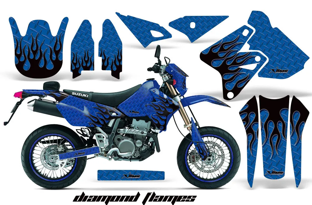 Suzuki DRZ 400 S Metal Tank Dirt Bike Graphic Kit - 2000-2023 Diamond Flames Blue