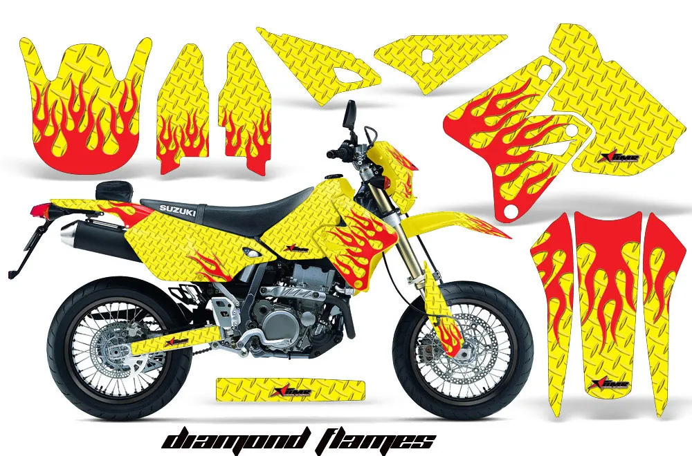 Suzuki DRZ 400 S Metal Tank Dirt Bike Graphic Kit - 2000-2023 Diamond Flames Yellow