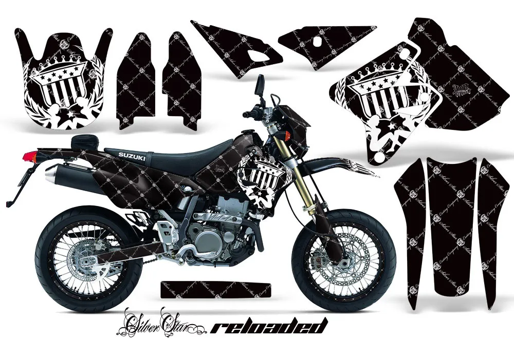 Suzuki DRZ 400 S Metal Tank Dirt Bike Graphic Kit - 2000-2023 Silver Star - Reloaded Black