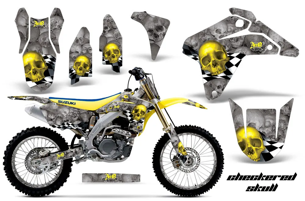 Suzuki RMZ 450 Dirt Bike Graphic Kit - 2005-2006 Checkered Skull Yellow