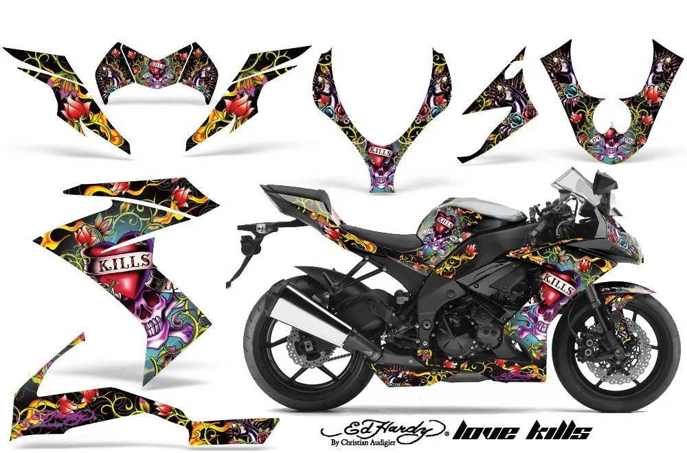 Kawasaki ZX10 Ninja Graphic Kit - 2008-2009 Ed Hardy Love Kills Black